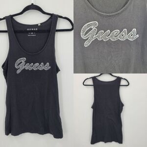 Y2k Guess Black Sleeveless Tank Top Sz M Rhinestone Log Spell Out Baddie Hip Hop